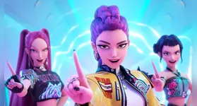 A banda Huntr/x em cena de KPop Demon Hunters, produção que une música pop e ação sobrenatural na Netflix. imagem/Netflix