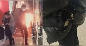 Bateria externa pega fogo no bolso de passageiro em estação do metrô de Xangai; vídeos mostram chamas, correria e a rápida ação da equipe de segurança.
