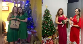As irmãs Alessandra e Amanda de verde antes e, um ano depois, com os bebês no colo.