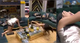 Jordana Morais se desequilibra ao subir no sofá
