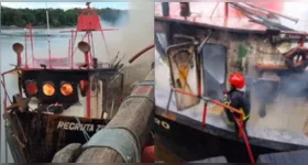 Bombeiros combatem incêndio em embarcação no Bacuriteua, vila de Bragança (PA); fogo durou mais de três horas e mobilizou equipes especializadas.