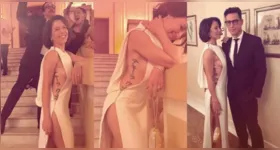 Marjorie Estiano surge com vestido de gala e tatuagem à mostra ao lado do namorado em evento no Rio de Janeiro.