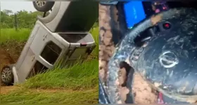 Caminhonete ficou com as rodas para o alto após capotar durante chuva na estrada do Monteiro, em Bragança