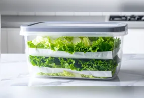 Alface bem higienizada e armazenada em pote fechado dura até 15 dias na geladeira, mantendo sabor e crocância.