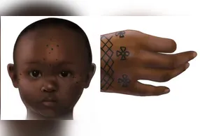 Reconstrução artística da tatuagem na testa de uma menina de 3 anos de Kulubnarti e das tatuagens geométricas na mão direita de uma mulher sepultada no sítio arqueológico de Semna Sul