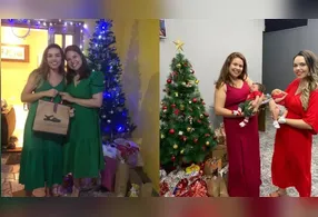 As irmãs Alessandra e Amanda de verde antes e, um ano depois, com os bebês no colo.