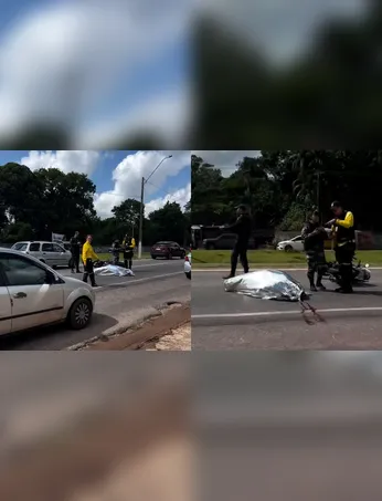 Faixa da BR-316 interditada em Marituba após acidente fatal envolvendo motociclista e caminhão, enquanto equipes de trânsito atuam no local.