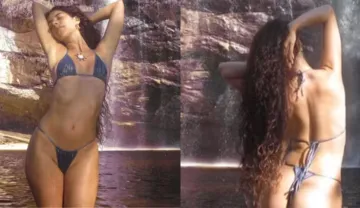 Imagem ilustrativa da imagem Marina Sena posa em cachoeira e biquíni minúsculo chama atenção