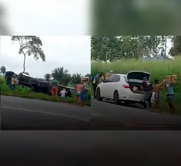 Imagem ilustrativa da imagem VÍDEO: Caminhão tomba na BR-010 e carga de café é saqueada no Pará