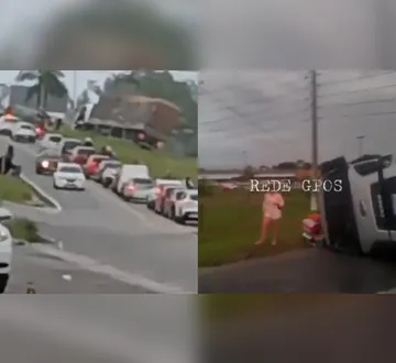 Imagem ilustrativa da imagem Caminhão de frutas tomba no viaduto e causa engarrafamento na BR 316