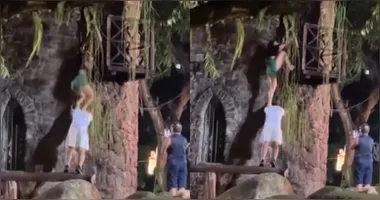 Circula nas redes um vídeo que mostra um casal tentando subir em um castelo fechado na Praça Batista Campos, em Belém.