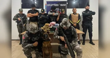 Durante a fiscalização, o cão farejador “Jay-Z” sinalizou a presença de material suspeito na parte frontal da balsa de cargas.