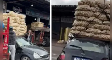 Carro é pequeno, mas condutor carregou de sacas de batatas