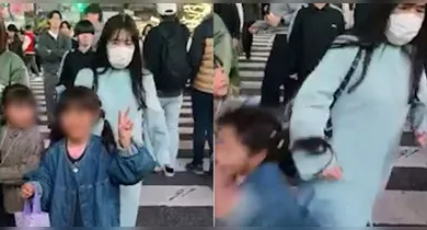 Vídeo gravado no cruzamento de Shibuya mostra mulher esbarrando em pedestres e atingindo criança estrangeira.