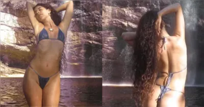 Marina Sena curte dia de descanso em cachoeira de Minas Gerais e compartilha momentos de férias com amigas.