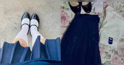 O tradicional uniforme feminino de saia azul-marinho, modelo que marcou gerações na instituição