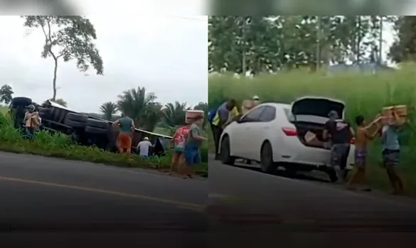 Imagem ilustrativa da imagem VÍDEO: Caminhão tomba na BR-010 e carga de café é saqueada no Pará
