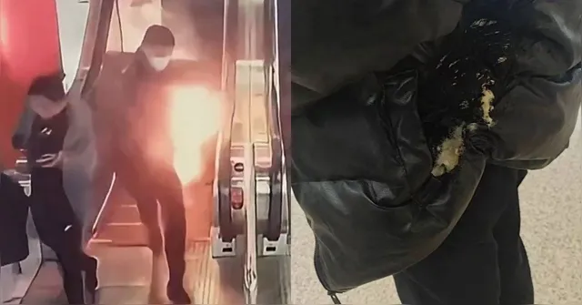 Imagem ilustrativa da notícia VÍDEO: carregador portátil pega fogo no bolso de passageiro do metrô