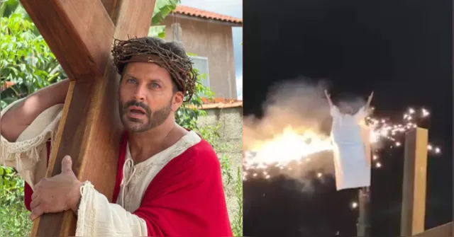 Imagem ilustrativa da notícia Vídeo: roupa de Henri Castelli pega fogo durante A Paixão de Cristo