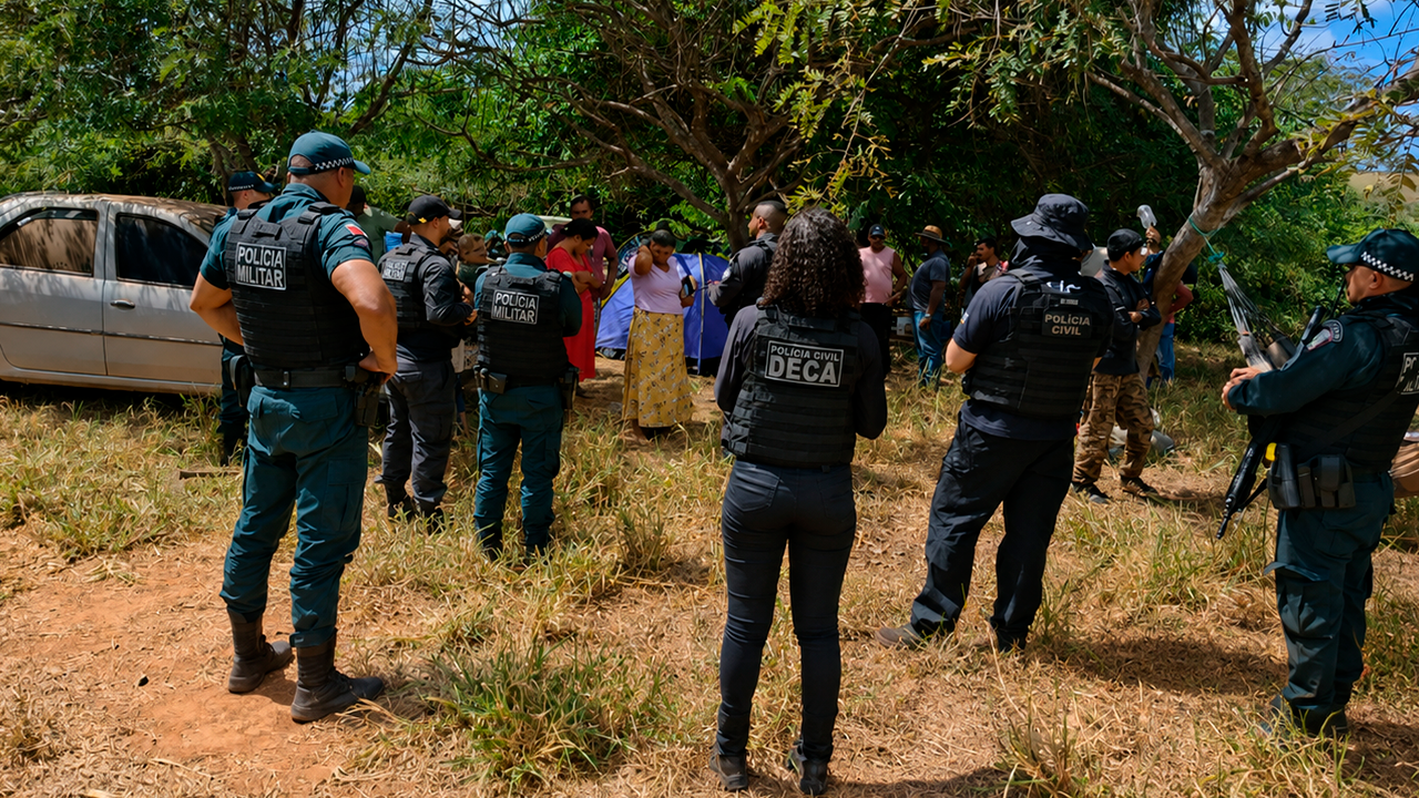 Equipes da Deca Marabá e do 1º Batalhão Rural da PM estabelecem perímetro de segurança para conter aproximação de produtores rurais.