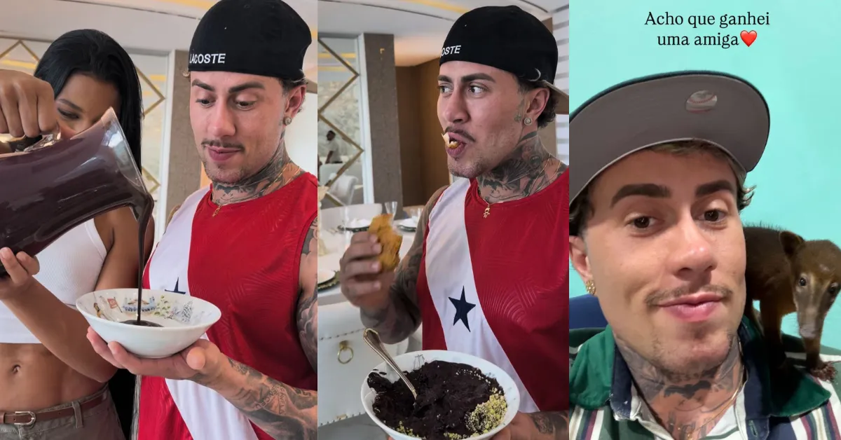 MC Daniel durante visita a Belém ao lado de influenciadores locais, provando açaí com peixe frito e conhecendo a cultura paraense