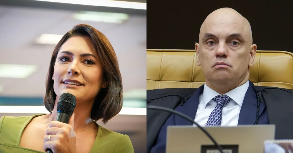 Alexandre de Moraes e Michelle Bolsonaro se cumprimentam durante posse de Nunes Marques no TSE