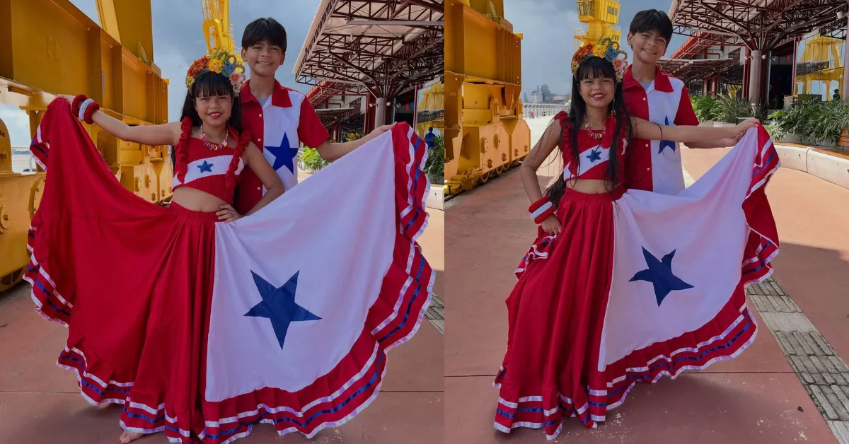 Victor e Maria encantaram internautas ao dançar carimbó na Estação das Docas, em Belém, usando figurinos inspirados na bandeira do Pará.