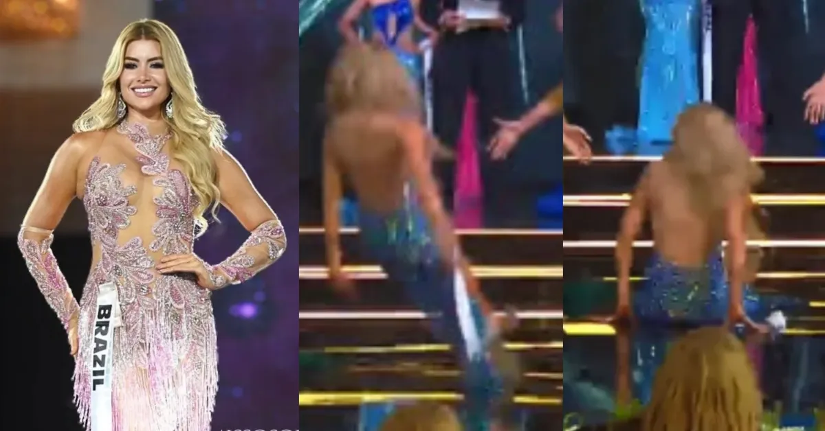 Joana Camargo cai no palco ao ser anunciada no Top 5 do Miss Eco International 2026, no Egito, mas se levanta e segue na competição.
