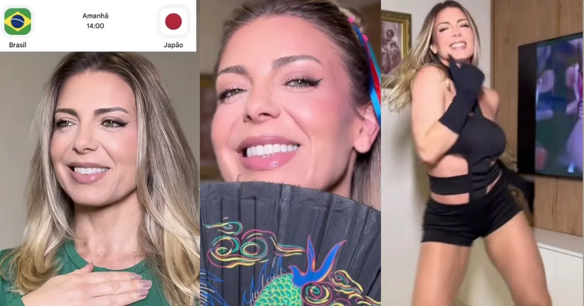 Sheila Mello revive coreografia de “Arigatchan”, clássico do É o Tchan!, e diverte seguidores em meio à expectativa para Brasil x Japão.