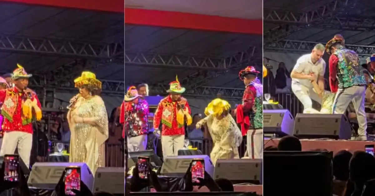 Alcione caiu durante apresentação no Arraial do Ipem, em São Luís, mas recebeu ajuda da equipe, continuou o show e tranquilizou os fãs ao afirmar que está bem.
