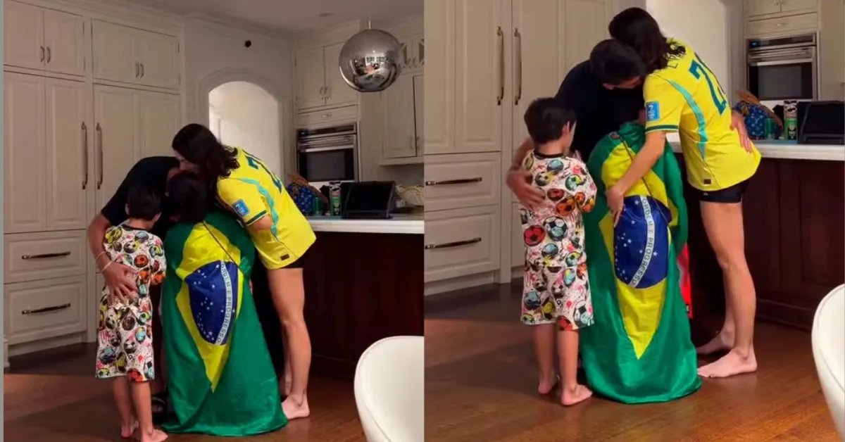 Lucas Paquetá recebe o abraço da esposa e dos filhos após a eliminação do Brasil na Copa do Mundo de 2026.