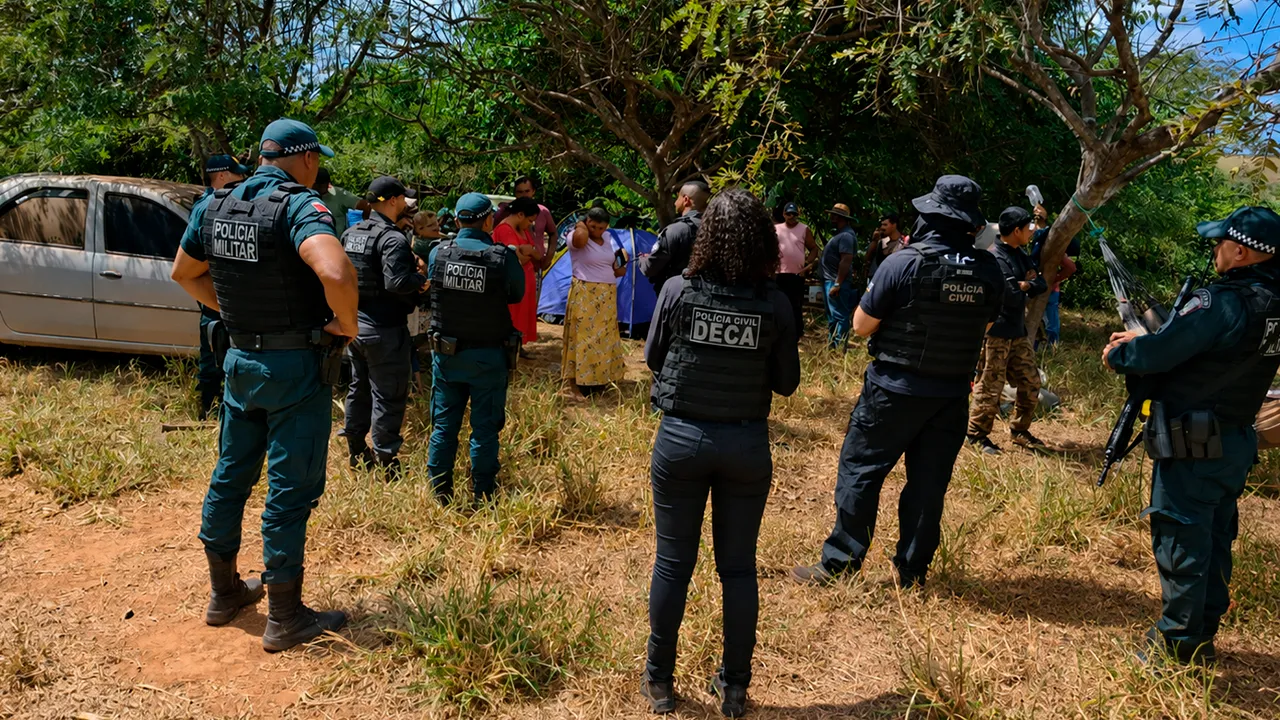 Equipes da Deca Marabá e do 1º Batalhão Rural da PM estabelecem perímetro de segurança para conter aproximação de produtores rurais.