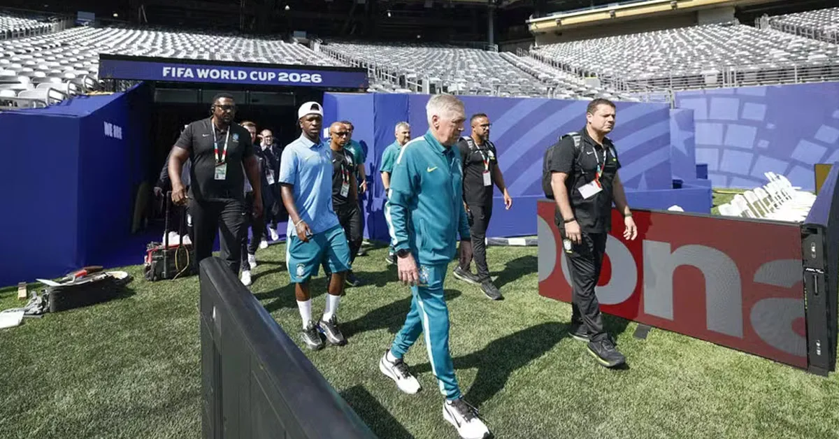 Carlo Ancelotti e Vinicius Junior deram coletivas no MetLife Stadium, palco da estreia do Brasil com o Marrocos
