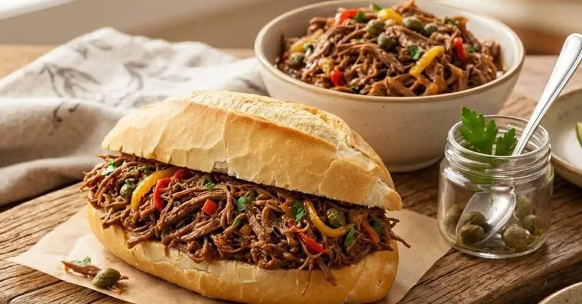 Carne Louca na panela de pressão é perfeita para um lanche em um pão francês.