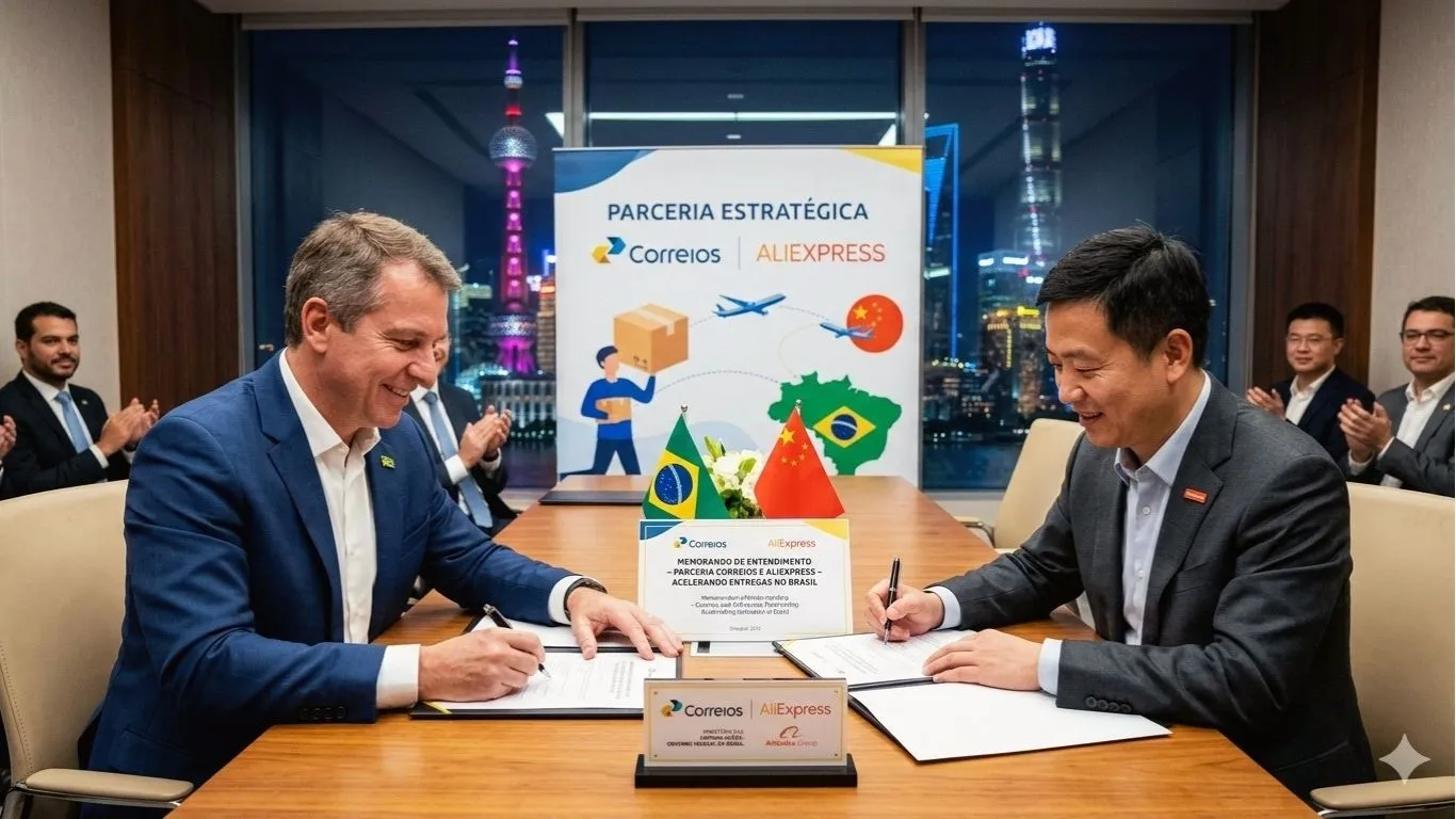 Autoridades do Ministério das Comunicações, executivos dos Correios e representantes do AliExpress formalizam o acordo de cooperação logística durante missão oficial na China.