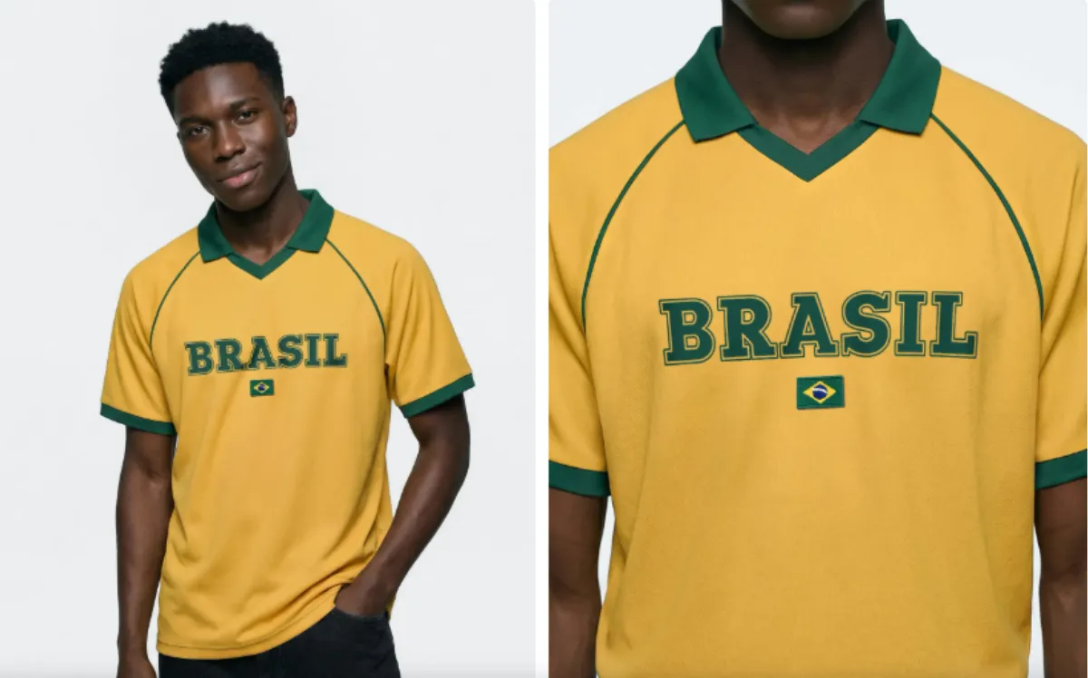 Conhecida pelo estilo básico e versátil, a Hering oferece camisetas em tons de verde e amarelo que permitem entrar no clima da torcida brasileira de forma discreta e elegante.