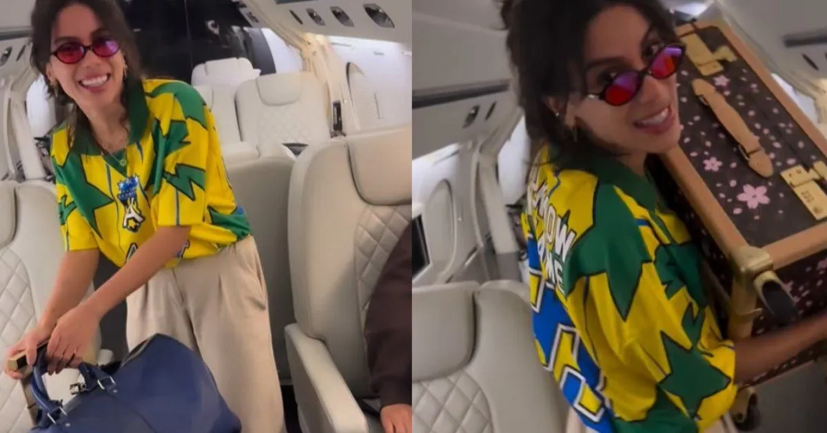 No registro, ela usava uma camiseta especial do Brasil e improvisou um rap bem-humorado sobre sua trajetória.