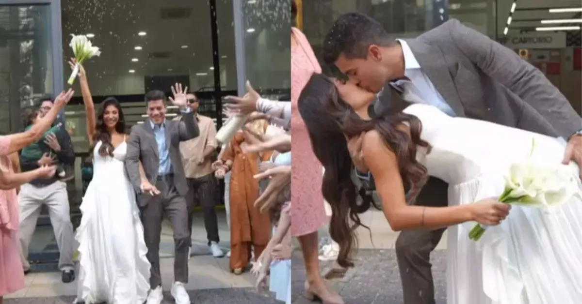 Depois da formalização do casamento, o casal recebeu a tradicional chuva de arroz dos convidados e trocou um beijo longo na saída, em celebração ao novo status.