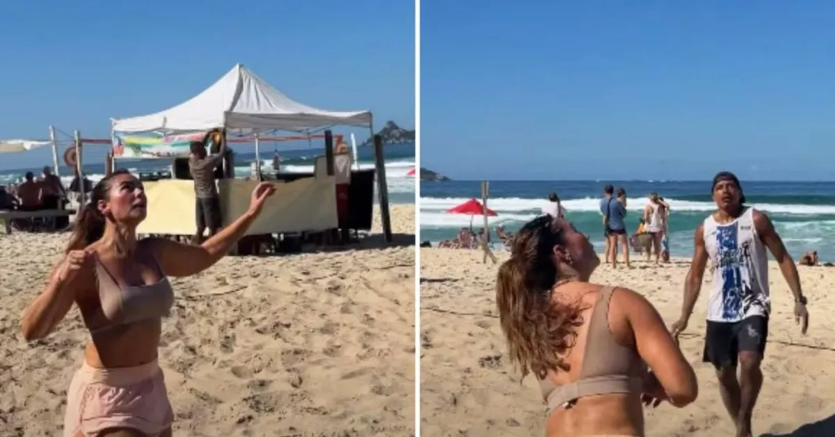 No vídeo, Paolla aparece usando um conjunto esportivo rosa, formado por top e short-saia.