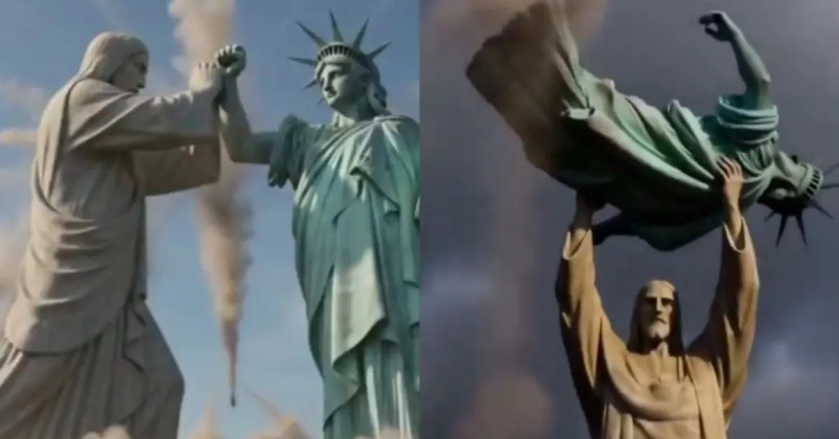 As imagens mostram uma luta simbólica entre os símbolos do Brasil e dos Estados Unidos.
