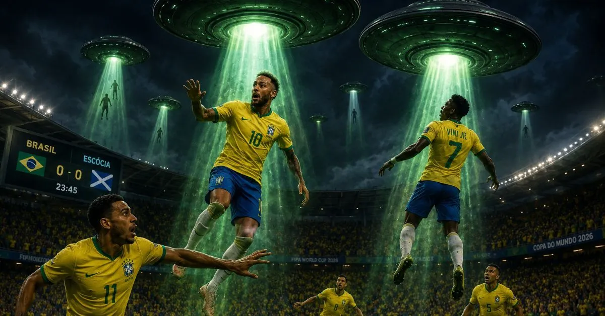 Previsão de uma suposta invasão alienígena durante o jogo do Brasil viralizou nas redes sociais e inspirou memes, montagens e vídeos criados com inteligência artificial