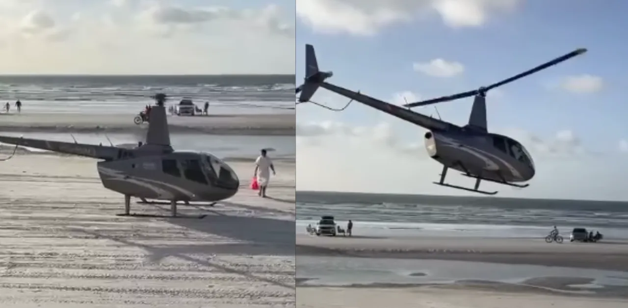 Helicóptero pousa na praia do Farol Velho em Salinópolis
