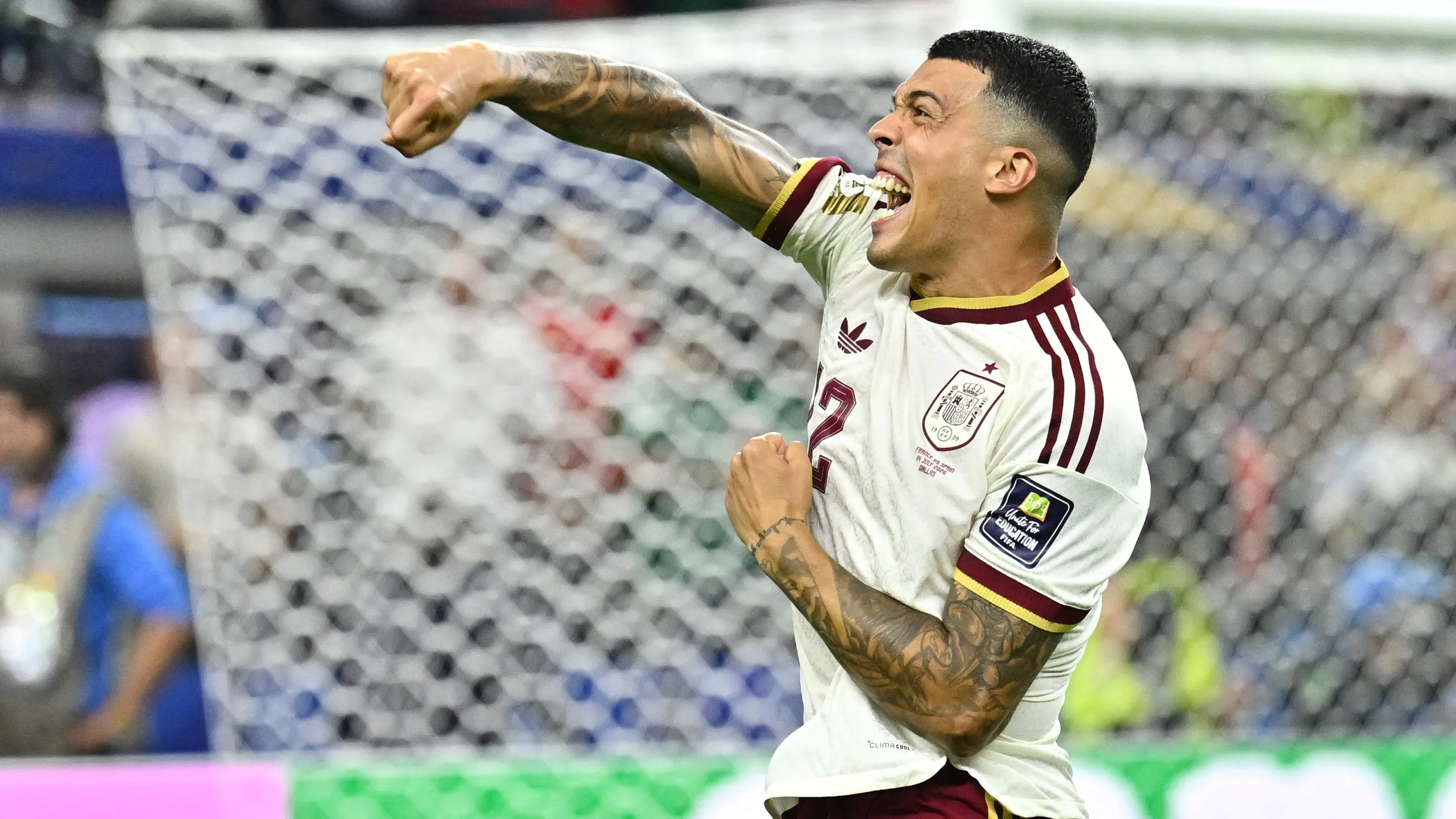 Soccer Football - FIFA World Cup 2026 - Semi Final - France v Spain - Dallas Stadium, Arlington, Texas, U.S. - July 14, 2026 Spain's Pedro Porro celebrates after the match IMAGN IMAGES via Reuters/Maria Lysaker