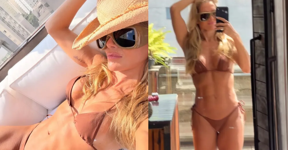 Nos stories, a artista apareceu de biquíni de lacinho e óculos escuros oversized.