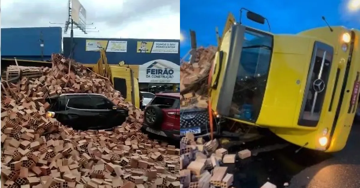 O tijolo caiu do caminhão em cima de uma carro que estava na via
