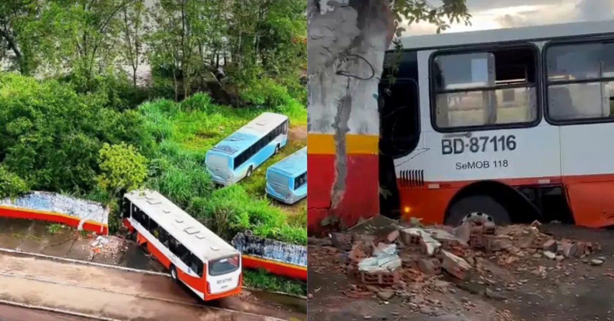 Condutor do ônibus perdeu controle do veículo e destruiu muro de empresa