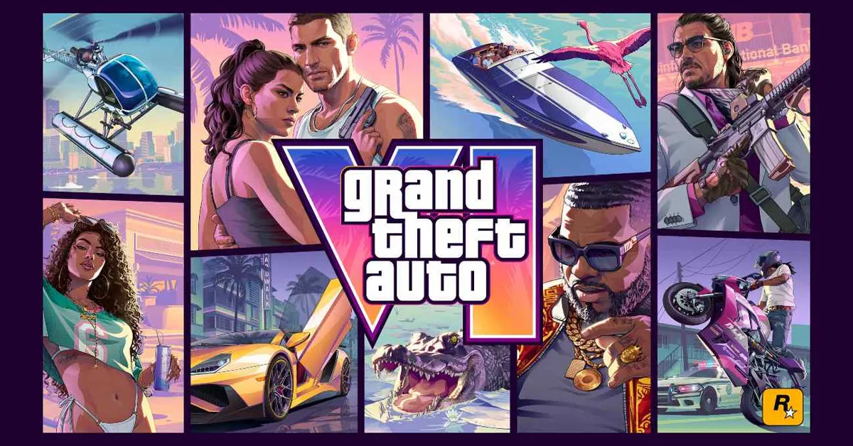 Arte oficial destaca os protagonistas Lucia e Jason em meio ao caos tropical de Vice City.