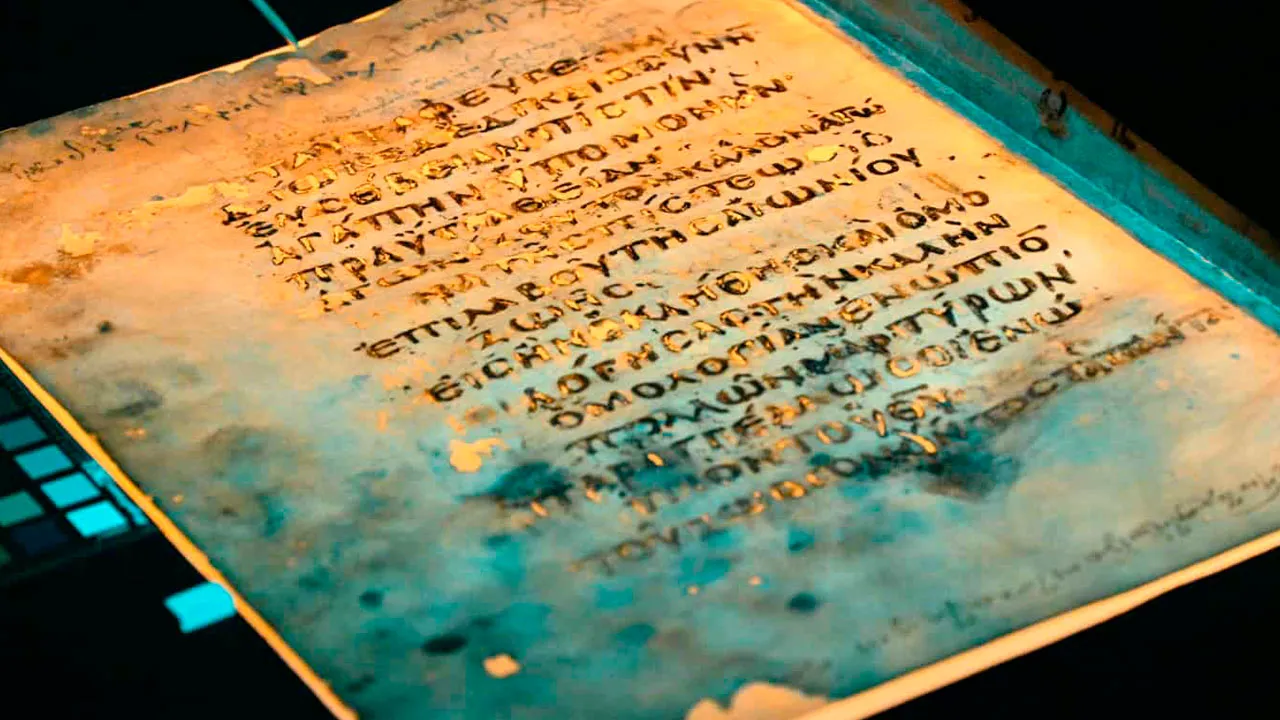 Detalhe da técnica de imagem multiespectral aplicada ao pergaminho: as cores destacam a diferença entre a escrita medieval superior e os caracteres bíblicos originais.