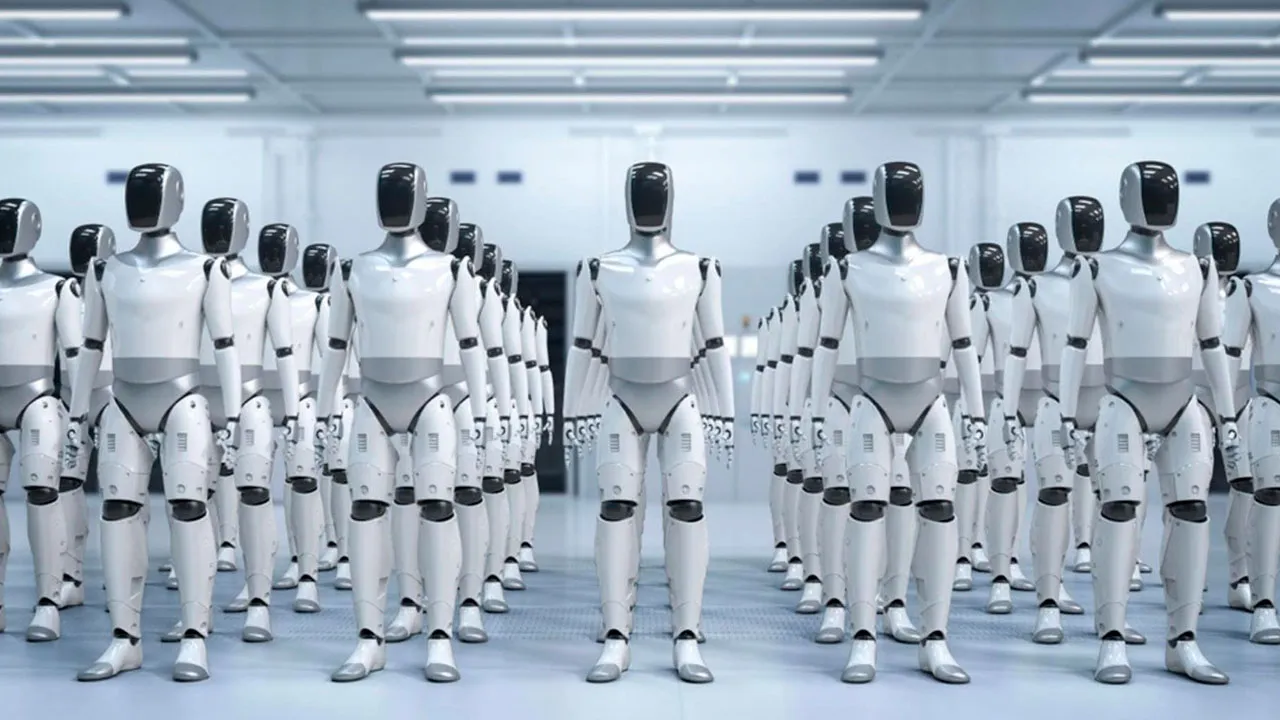 Robô humanoide realiza testes de manipulação de peças em linha de montagem ao lado de operários.
