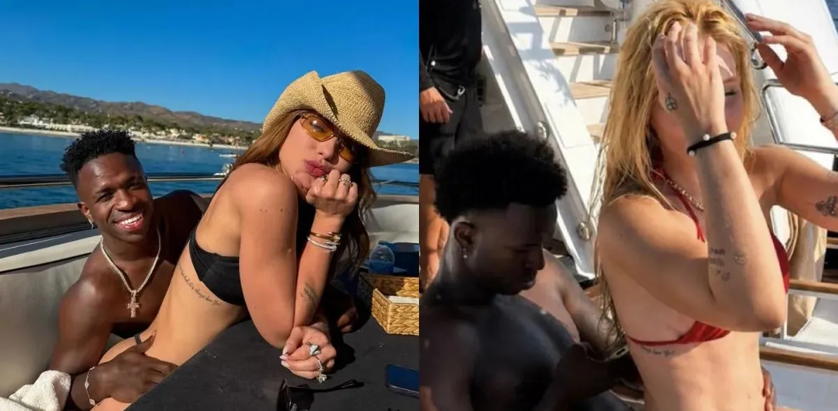 Na imagem, Virginia aparece sentada no colo de Vini Jr., enquanto ele mexe no celular.